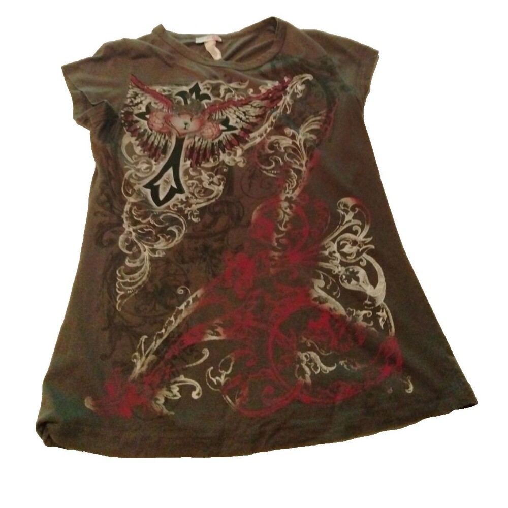 Body Central Y2K Wing Cross Graphic Tee Womens Large Gray Pink Cotton